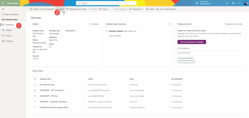 ไปที่แท็บ Overview ของ Solution แล้วเลือกปุ่ม Export