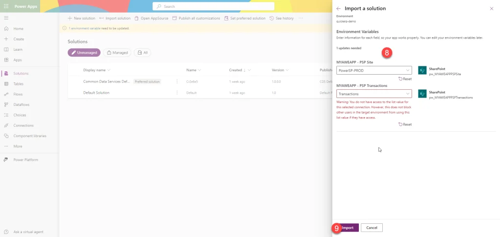 เปลี่ยนค่าของ Environment Variable ของเรา โดยอย่างที่ผมสร้างไว้จะมี 2 ตัว ผมก็แค่ทำการเปลี่ยนให้ไปเชื่อมโยงกับ SharePoint Site และ List ที่ผมต้องการ