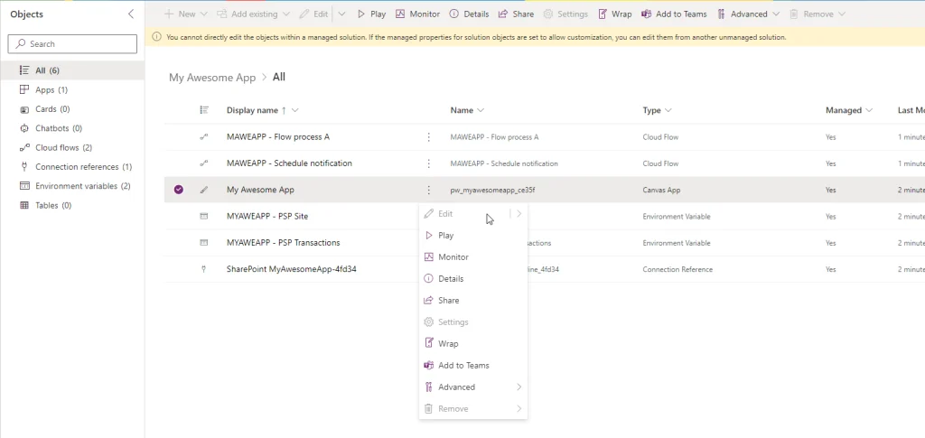 โดย object ที่อยู่ภายใน Managed Solution จะไม่สามารถแก้ไขได้