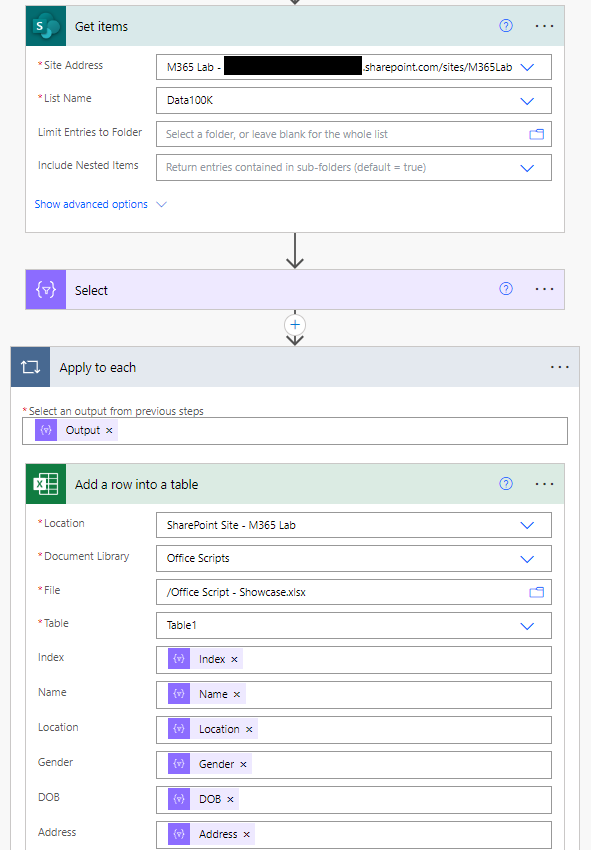 Flow นี้ค่อนข้างเรียบง่าย ดึงข้อมูลจาก SharePoint list และเพิ่มแต่ละแถวลงใน Excel ทีละแถวโดยใช้ “Apply to each”