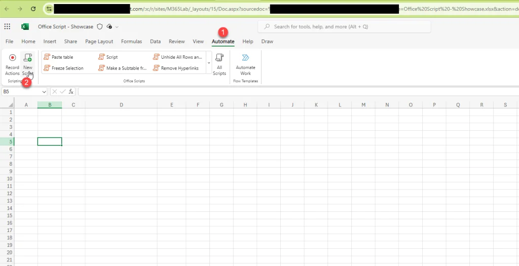 แค่สร้างไฟล์ Excel ว่างๆ ใน OneDrive หรือ SharePoint ของคุณ จากนั้นไปที่แท็บ ‘Automate’ แล้วคลิก ‘New Script’