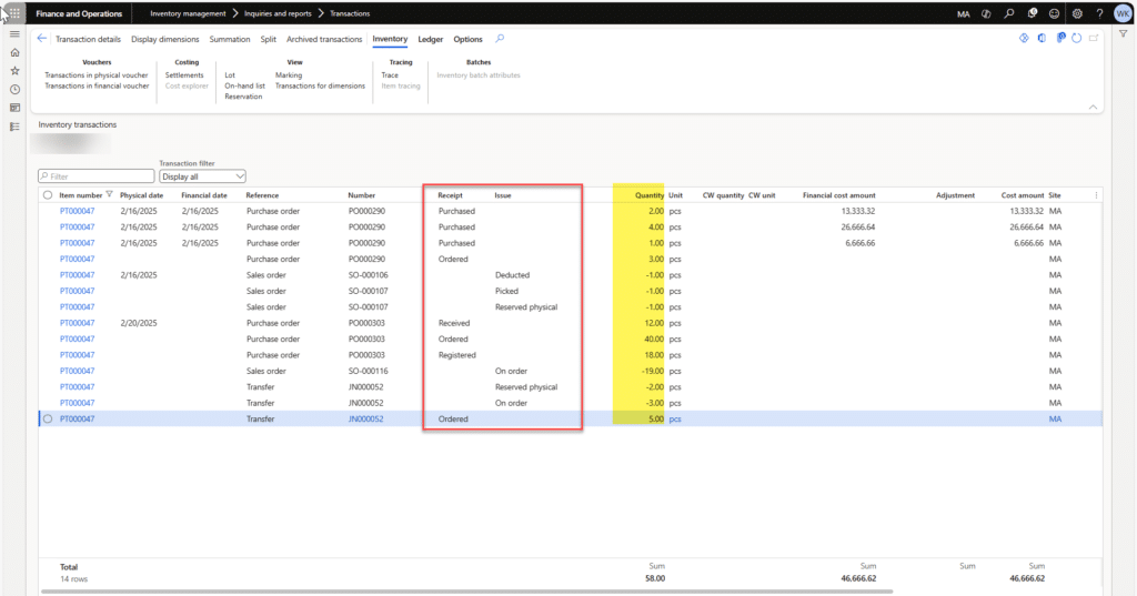 Path: Inventory management >> Inquiries and report >> Transactions