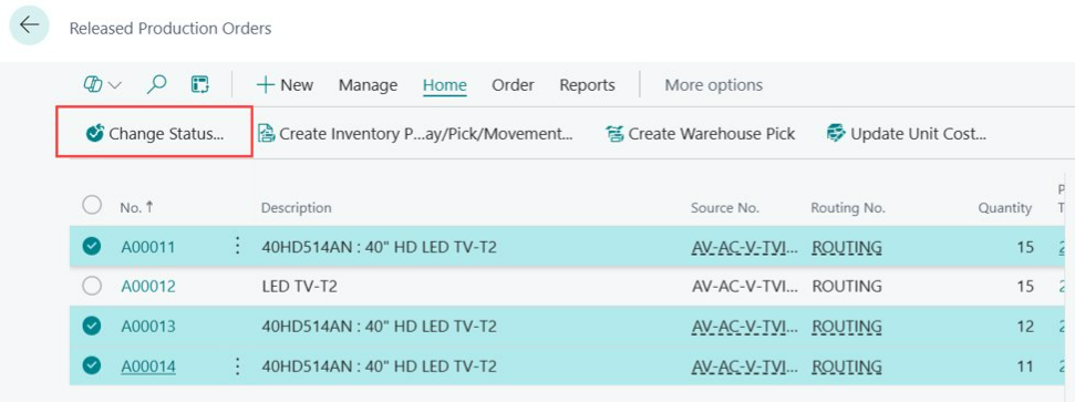 หน้าจอ Change Production Order Status (เปลี่ยนสถานะคำสั่งผลิต)