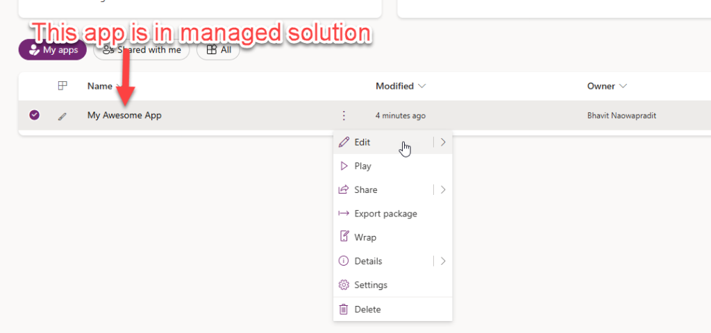 ทีนี้ ผมจะลองกดเข้าแก้ไขแอปตัวนี้ ซึ่งเป็นแอปที่อยู่ใน managed solution ผมจะเข้าไปแก้อะไรซักอย่างนึง