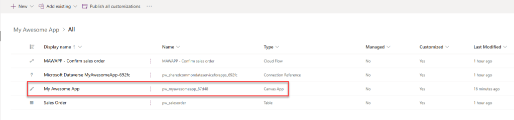 ซึ่งใน solution นี้มีอยู่หลาย object เลย แต่สมมติตอนนี้เราต้องการแก้ไขแค่ Power Apps อย่างเดียว