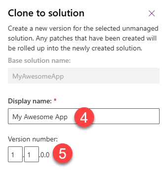 ตั้งชื่อ Display Name (ถ้าต้องการ) กำหนด Version number (ต้องมากกว่า patch ทุกตัวที่อยู่ใน solution นี้)