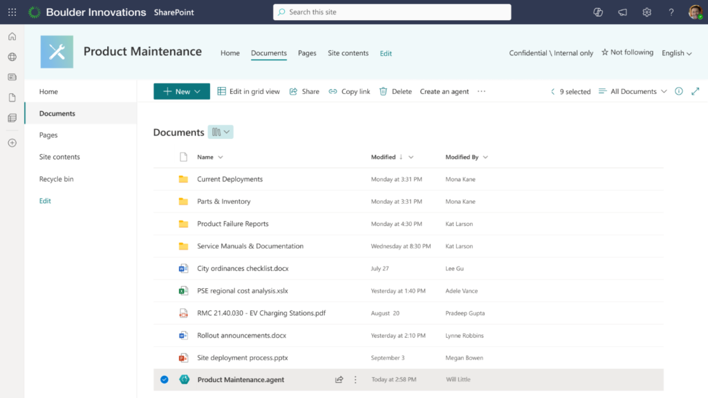 หนึ่งในข้อดีของ SharePoint Agents คือคุณไม่ต้องเรียนรู้วิธีใหม่ในการจัดการ เพราะ Agent ที่คุณสร้างขึ้นจากข้อมูลใน SharePoint จะถูกบันทึกไว้ในรูปแบบไฟล์พิเศษที่ลงท้ายด้วย .agent และอยู่ใน Document Library เดียวกับไฟล์ต้นทางที่คุณเลือกไว้
